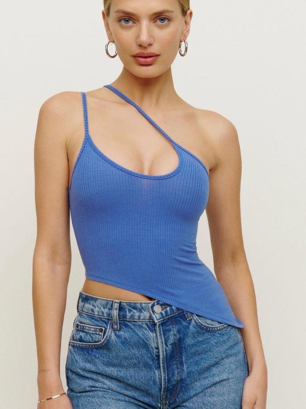 Reformation Asymmetric One-Shoulder Ribbed Tank Top - Blue XS